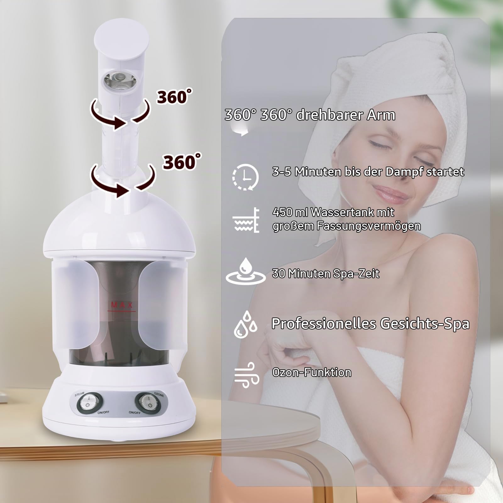 Gesichtsdampfer, Professional Nano Ionic Dampfgerät, Porenreiniger Gerät für Gesicht, Persönliche Hautpflege, Gesicht SPA, Weiß