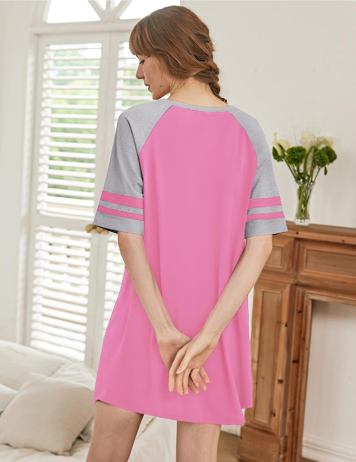 Ekouaer Nightgowns for Women Color Block Sleep Shirt Short Sleeve Sleepwear image 4