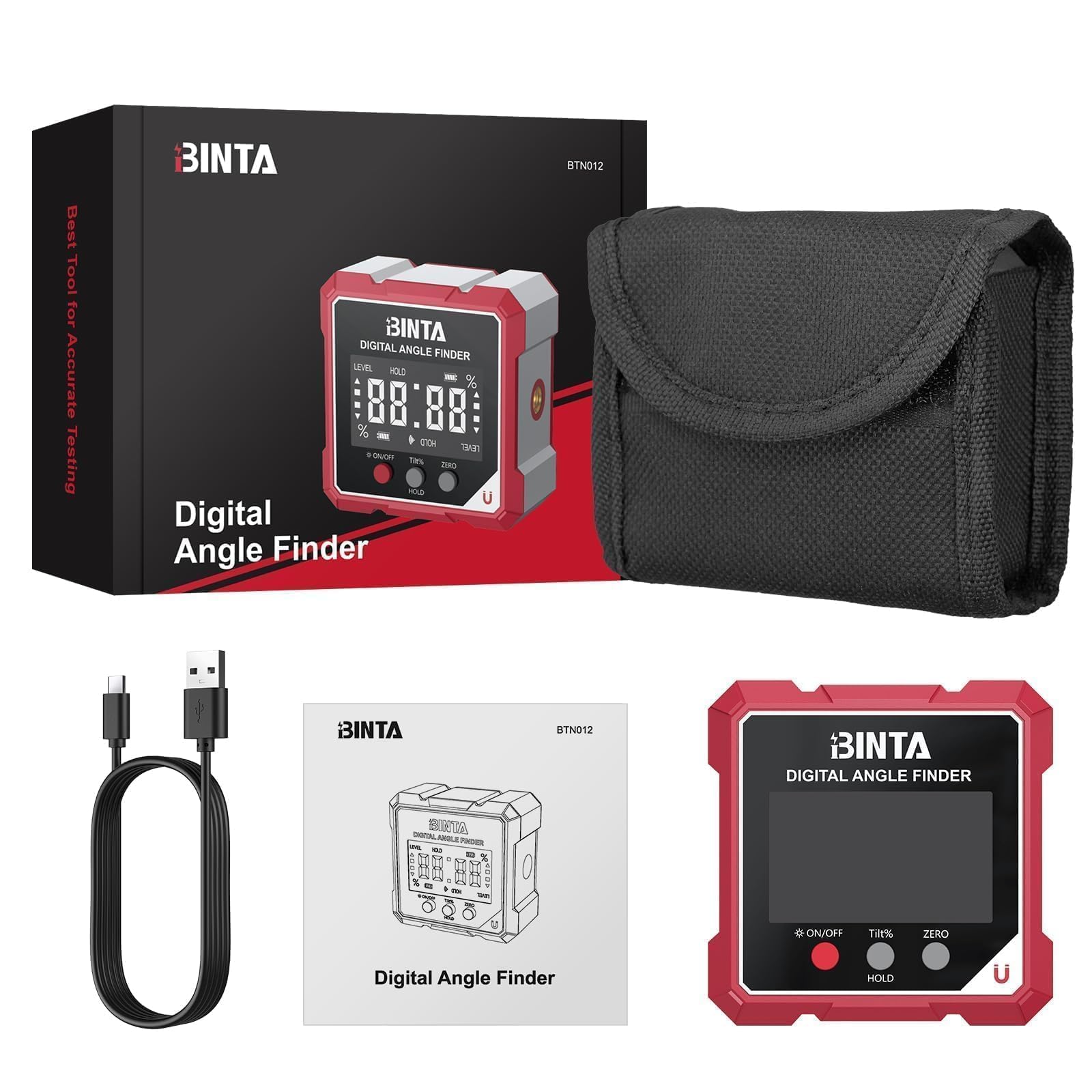 BINTA Inclinomètre Numérique 4×90° Laser Magnétique Rechargeable IP54 | Inclinomètre 4×90° précision ±0,1°, double laser, base magnétique 4 faces, écran LCD inversé, USB-C rechargeable, IP54