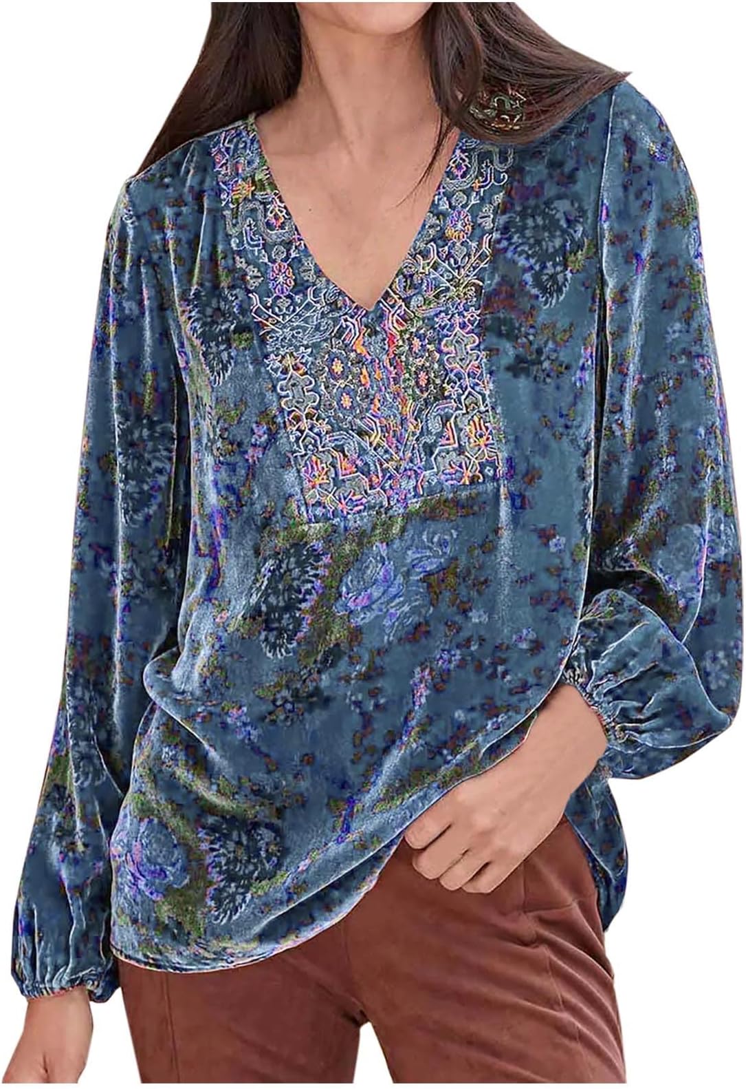 TURWXGSOWoman's Shirts UK Sale Elegant Velvet Tops V Neck Long Sleeve Blouses Retro Floral Print Shirts Plus Size Lantern Sleeve Patchwork Tops Size 8-22 Party Wear