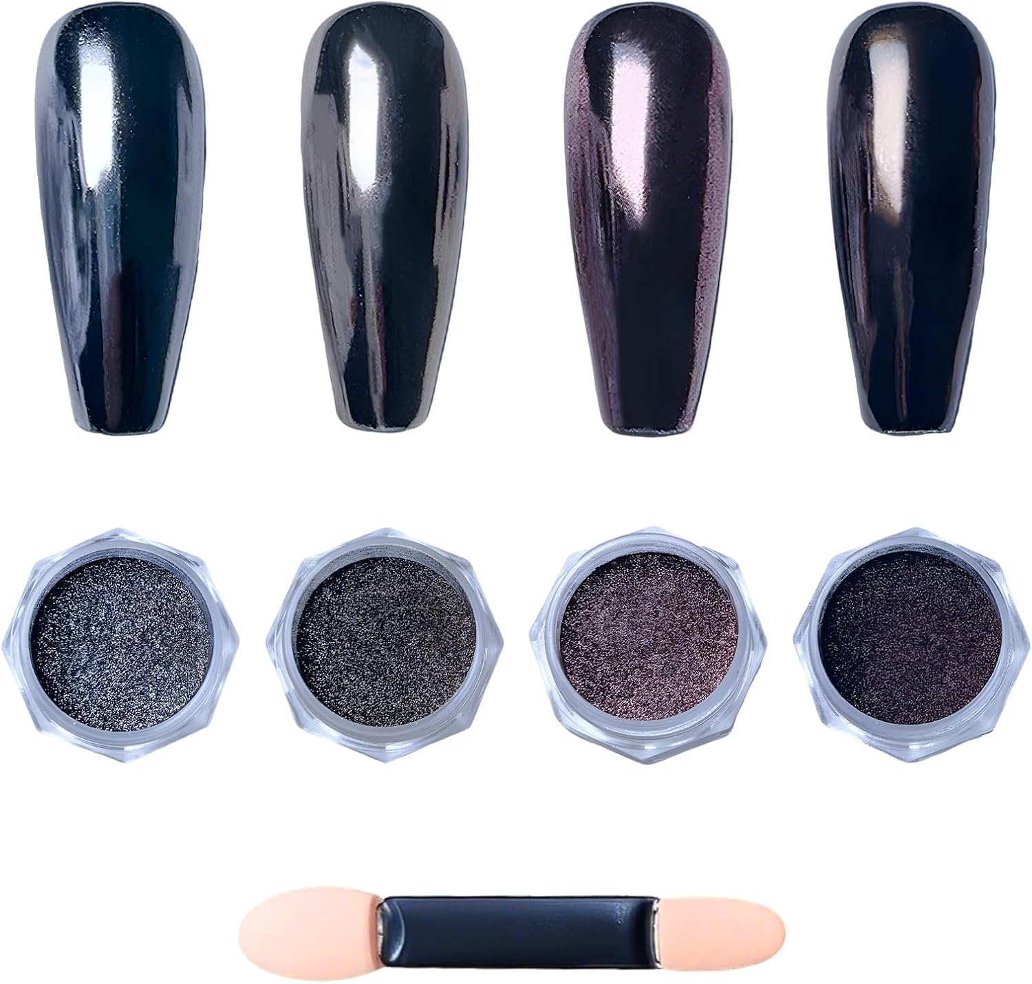 4pcs Multicolored Black Chrome Nail Powder, Mirror Effect Metallic Luster Glitter Powder for Nails, Glazed Manicure Pigment Decor for Gel Polish Salon Manicure Home DIY