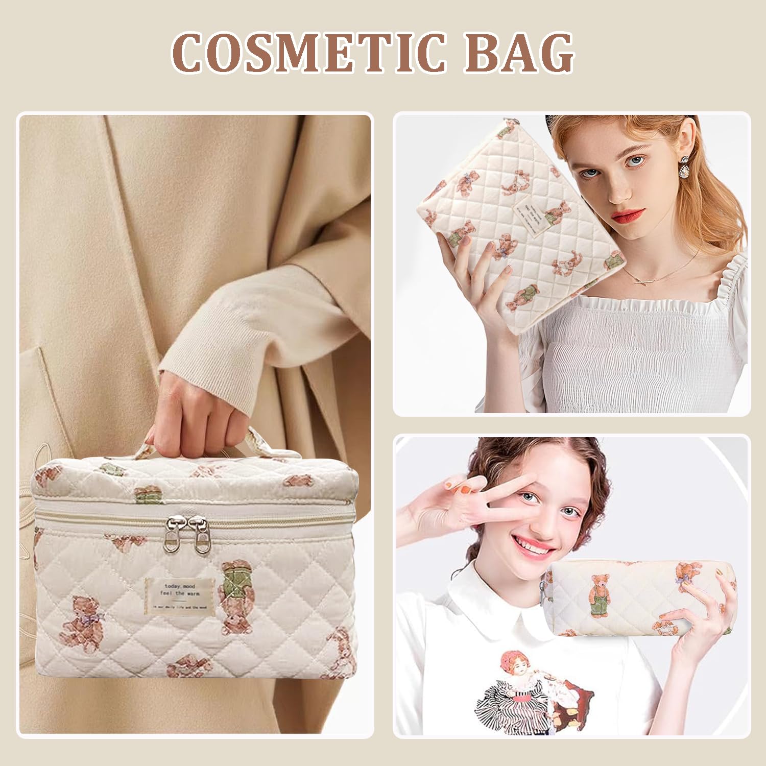 Everfunny 3 Pcs Cotton Quilted Makeup Bag Set, Floral Cotton Cosmetic Bag, Aesthetic Toiletry Travel Organizer Bag for Women Girls (Bear)