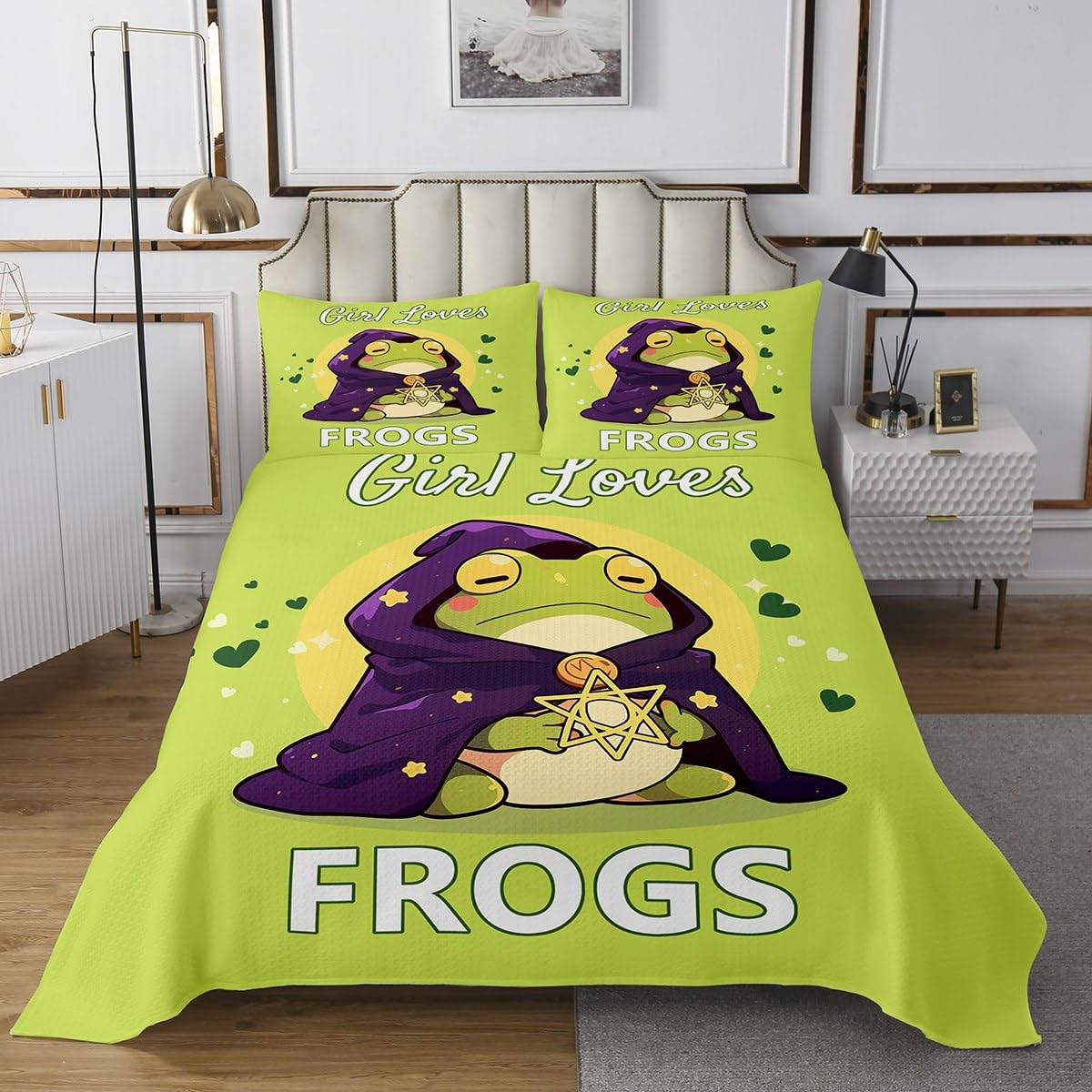 jejeloiu Kids Cute Frog Coverlet Set King Size Girl Loves Frogs Bedspread for Boys Girls Teens Room Decor Cartoon Tropical Amphibian Wildlife Quilted Coverlet