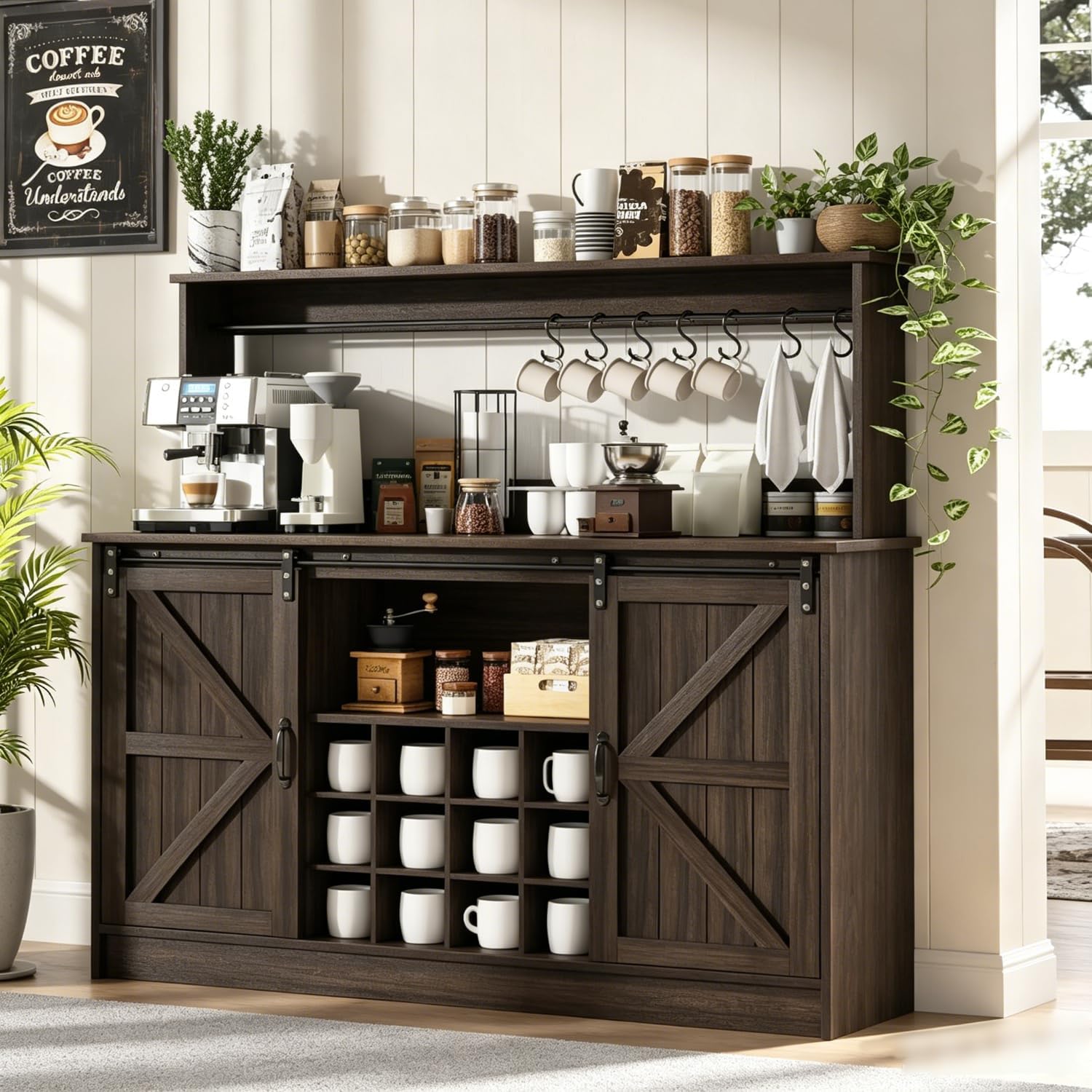 4ever2buy Farmhouse Coffee Bar Cabinet with 8 Hooks, 55” Kitchen Hutch Cabinet with Storage, Gray Coffee Bar with Sliding Barn Doors, Wine Bar Cabinet with 12 Racks for Living Dining Room, Dark Oak