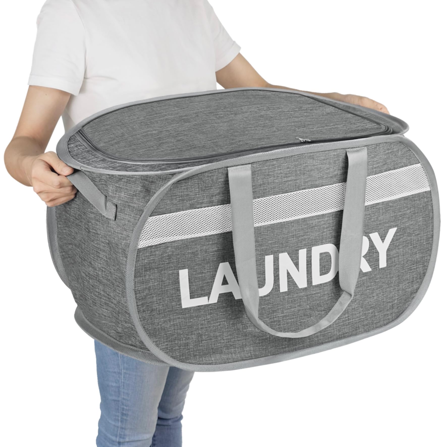 Bosnona Grey 74L "Laundry" Print With Lid Collapsible Laundry Baskets With Lid，74L Foldable Laundry Basket，Pop Up Laundry Hamper With Reinforced Handles，Sturdy Clothes Hampers For Laundry, Bedroom, Bathroom, Dorm Grey