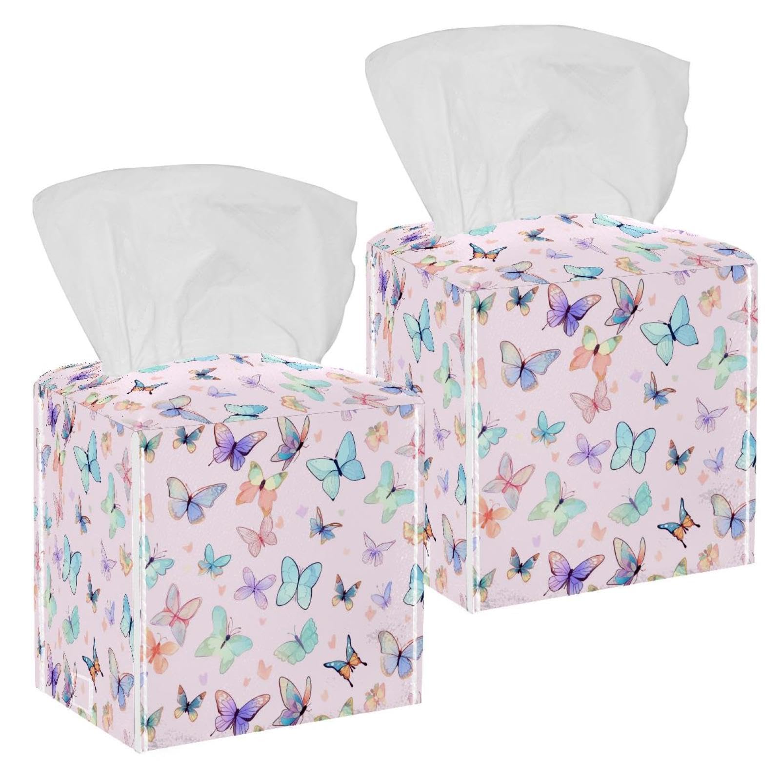 Aesthetic Butterfly Tissue Box Cover, 2 Pack PU Leather Square Facial Tissue Dispenser Box holder for Home Office Car