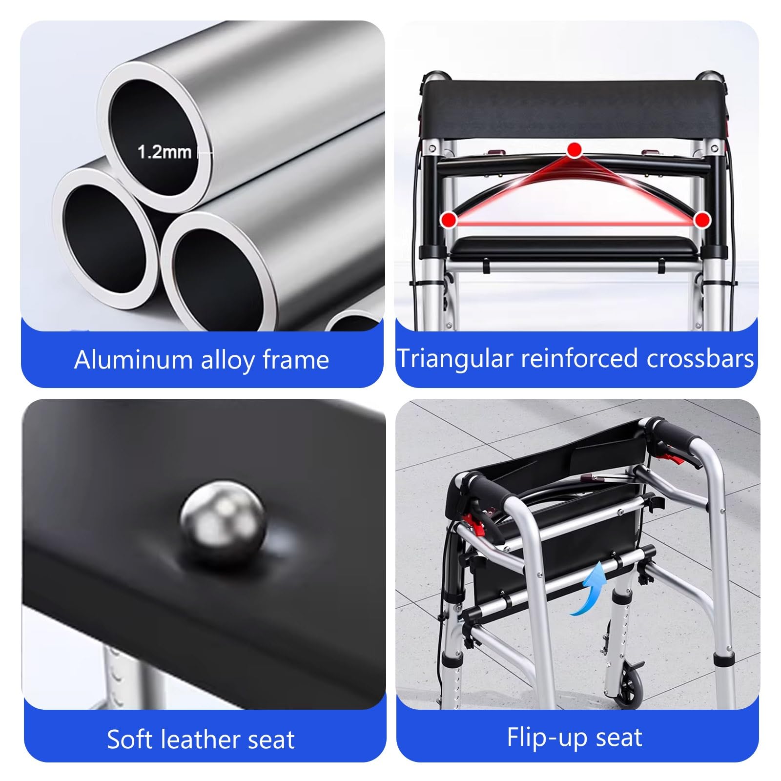 Andador Plegable Ligero con Doble Freno, Andadores de 4 Ruedas con Asiento, Andador de Movilidad de Altura Ajustable for Personas Mayores y Personas con Movilidad Reducida