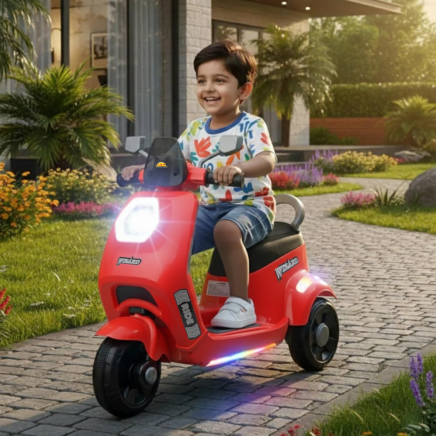 Toyzone Wizard Electric Scooty | Rechargeable Scooty 6V | Powered by 6.5 ah Battery | Music Player with Bluetoooth & USB | 6 Month Warranty on Battery | Make in India | for Kids 2+ Years (Red)