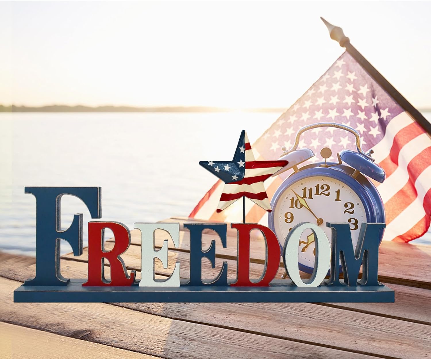 4th of July Wood Freedom Letter Sign Patriotic Table Decor, US Flag Cutout Block Letter Freestanding Freedom Sign Table Centerpiece Decor for Veterans Day Labor Day Memorial Day
