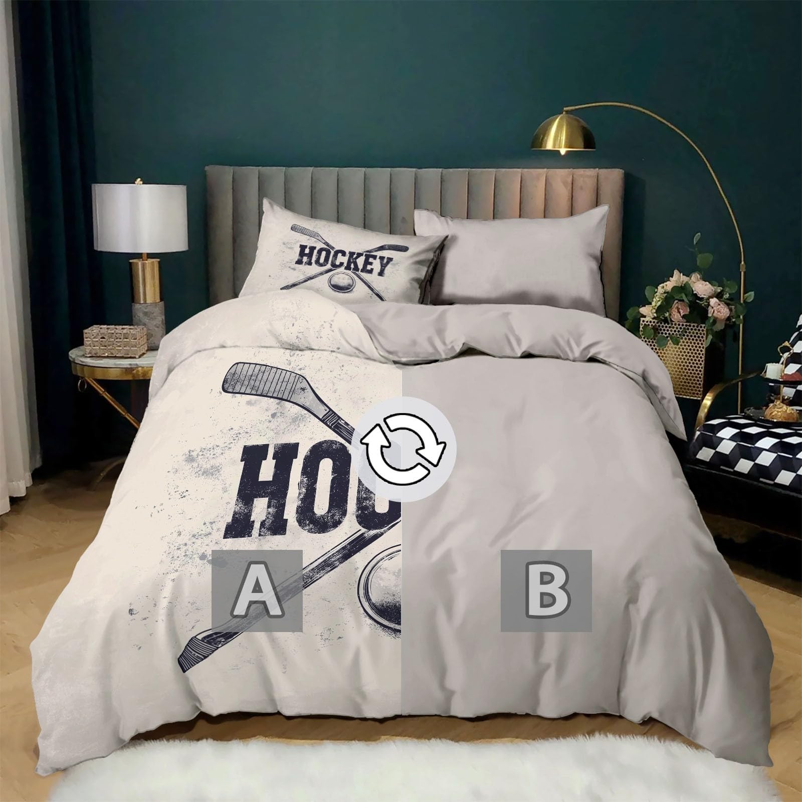 Poszwa na kołdrę 90 Logo Kij Hokejowy I Krążek Hokejowy Zestaw pościeli Miękka mikrofibra Szary Edredon Pokrowiec 150 x 200 cm do dekoracji domu i 2 poszewki na poduszkę 50 x 75 cm z zamkiem