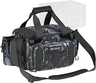 X Strike Fishing Tackle Bag, Fishing Bag Large Waterproof Fishing Storage Bag with 4 3600 Tackle Box, Saltwater and Freshwater Tackle Shoulder Bag for Fishing, camping, hunting, hiking, travel.