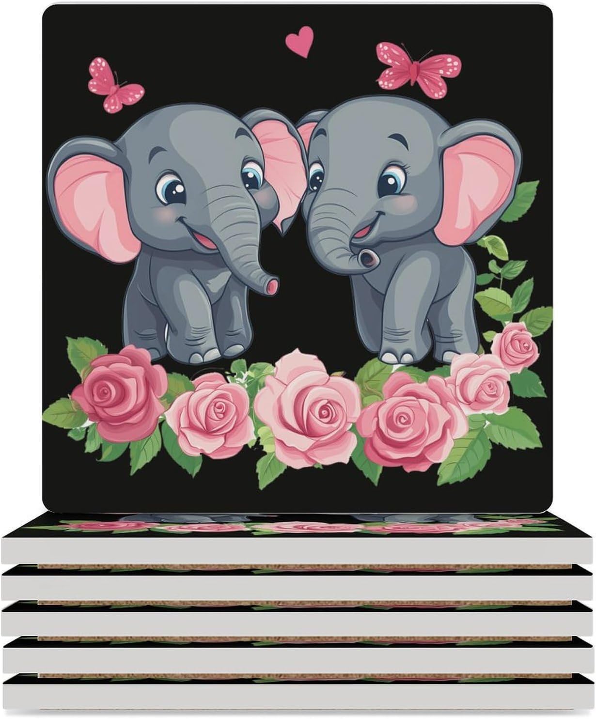 Elephant Ceramic Coasters Set Square Drink Coasters Table Coaster for Kitchen Desktop Decor
