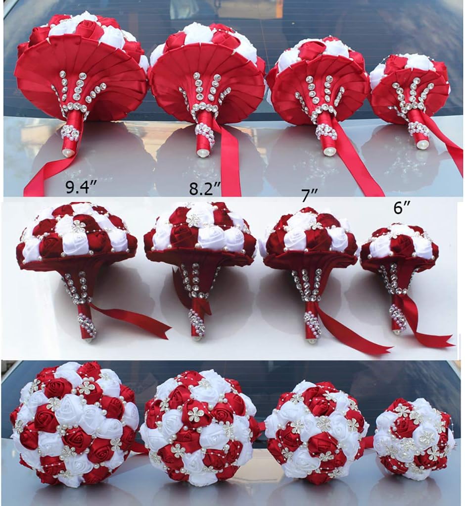 Brooch Bouquet 7" Wedding Bouquet Satin Rose Bride Bridesmaid Artificial Pearls Custom-Made Wedding Floral Bouquet Centerpiece Arrangement, Pink White Bouquet