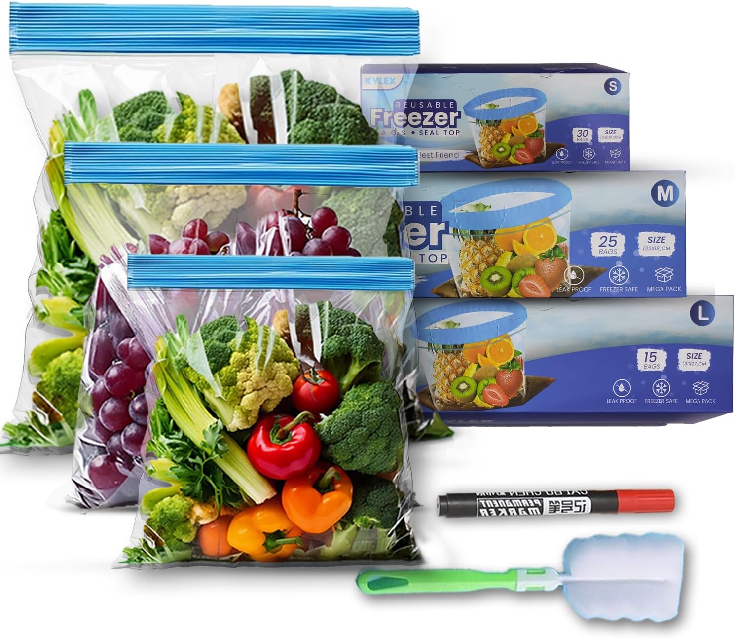 Kylex 140 Pcs Food Storage Freezer Bags - Reusable BPA Free Zip Seal Bags - Heavy Duty Food Bags for Fruits, Veggies, Meat & Snacks - Freezer Zip Lock Bag - (3 Sizes)