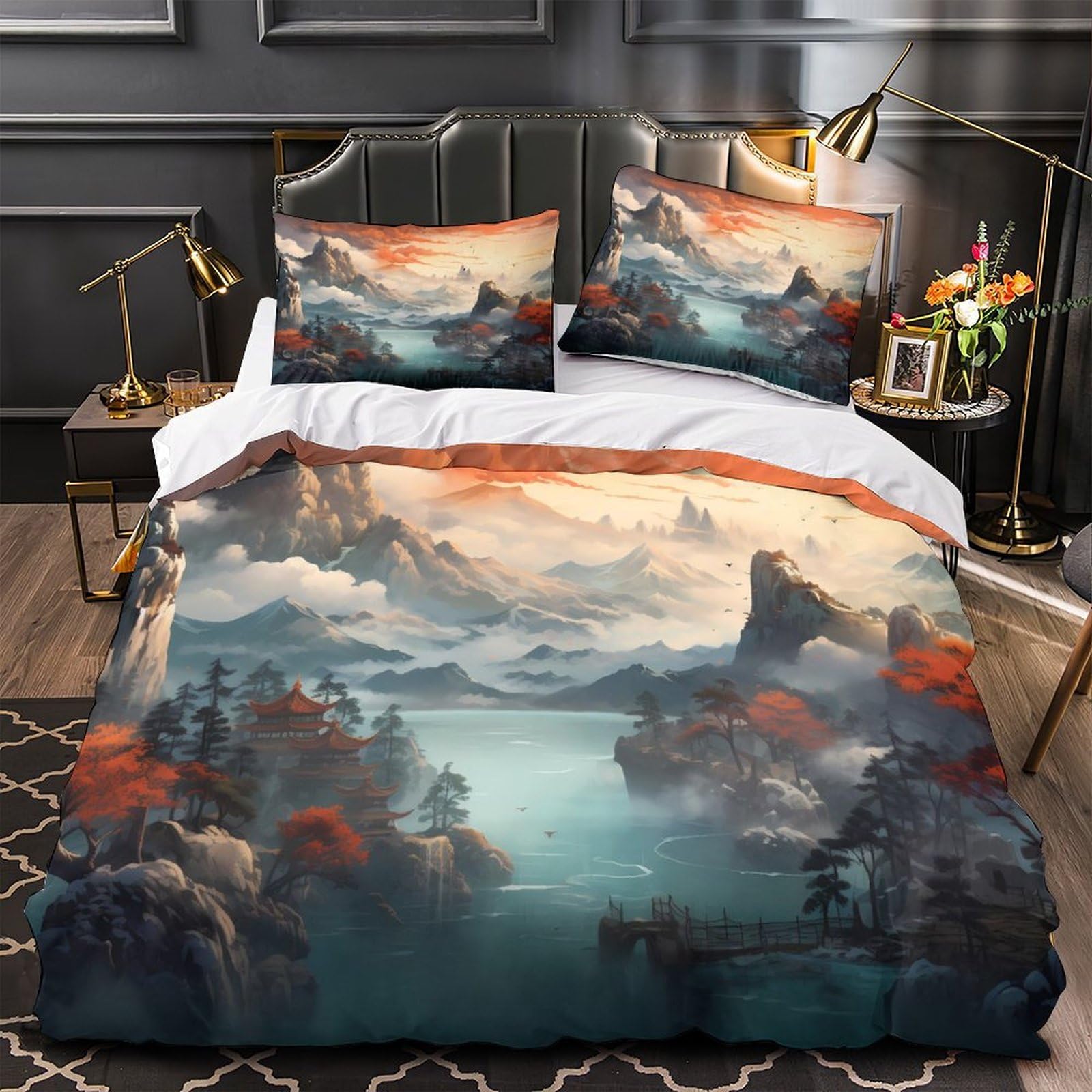 Drap de couette paysage de montagne 3D anti-décoloration zippé pour simplifier vos nuits