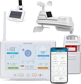 AcuRite Iris Weather Station with HD Direct-to-Wi-Fi Display, Lightning Sensor, and Solar Power Pack for Indoor/Outdoor Temperature, Humidity, Wind Speed/Direction, Rain Gauge, and Barometer, White
