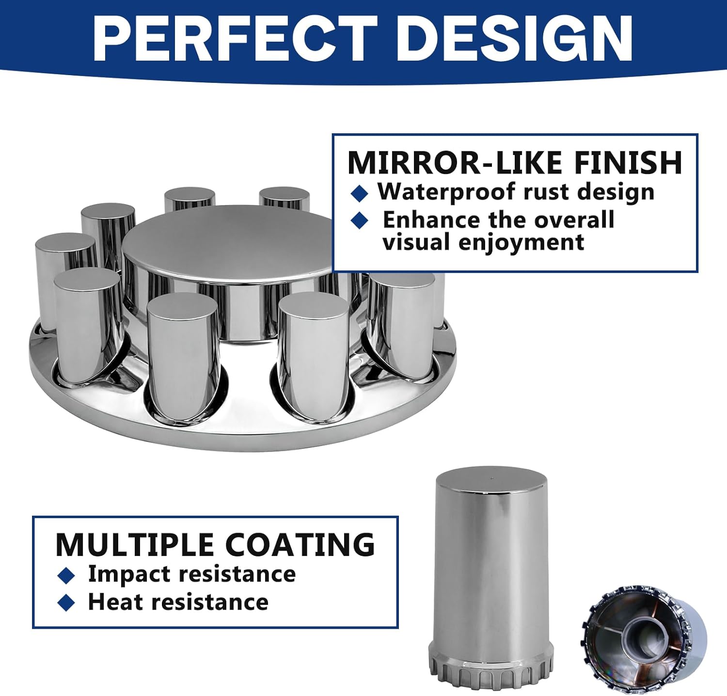 Cylinder Flat Axle Wheel Cover Set 2 Front Axle Hub Covers with 33mm Thread-on Chrome Lug Nut Covers