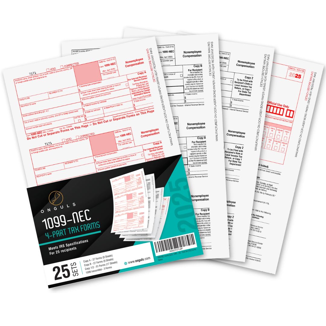 1099 NEC Forms 2025, 1099 NEC Laser Forms IRS Approved Designed for QuickBooks and Accounting Software 2025, 4 Part Tax Forms Kit, 25 Vendor Kit – Total 38 (108) Forms