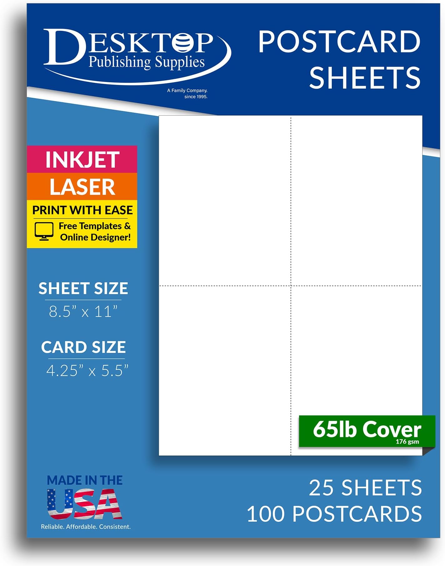 65lb White Printable Postcards - Blank Postcard Paper - Perforated 4 per Sheet - for Inkjet/Laser Printers - 25 Sheets / 100 Postcards