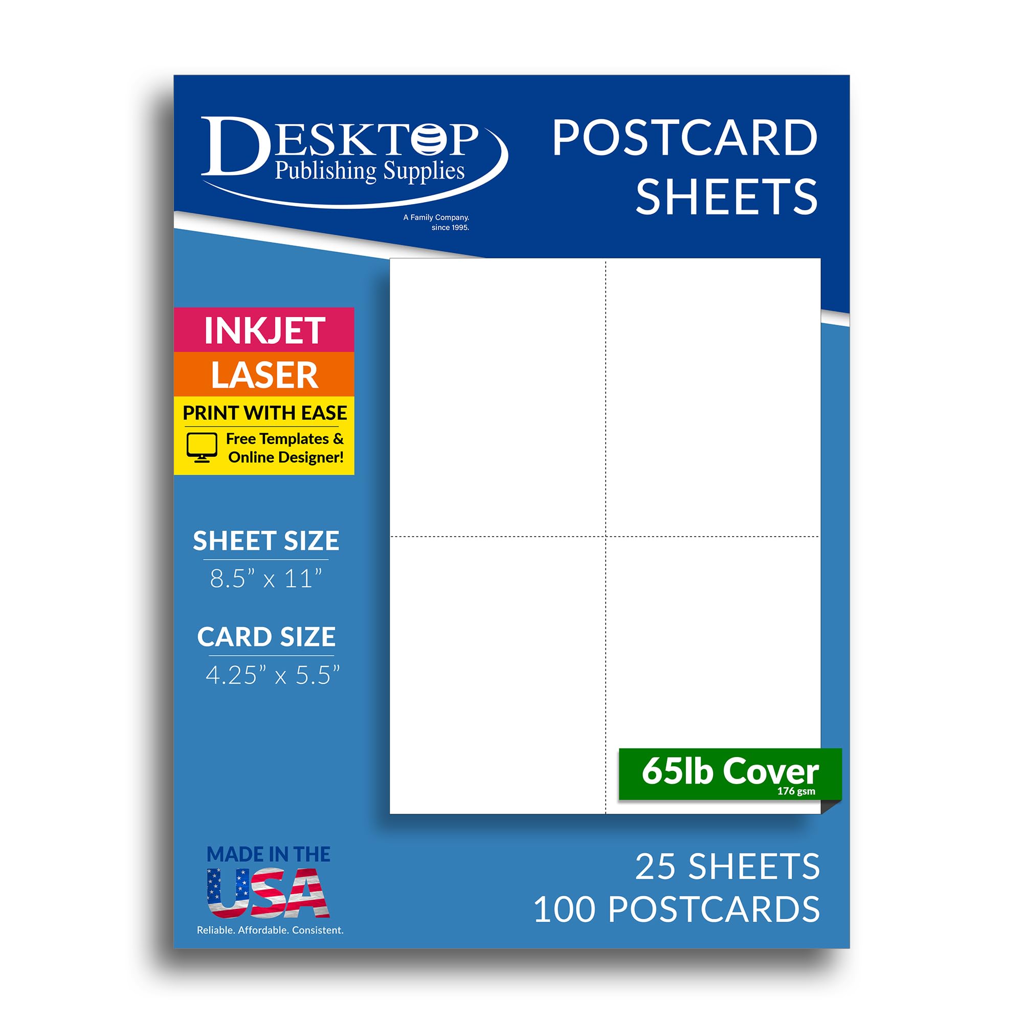 65lb White Printable Postcards - Blank Postcard Paper - Perforated 4 per Sheet - for Inkjet/Laser Printers - 25 Sheets / 100 Postcards