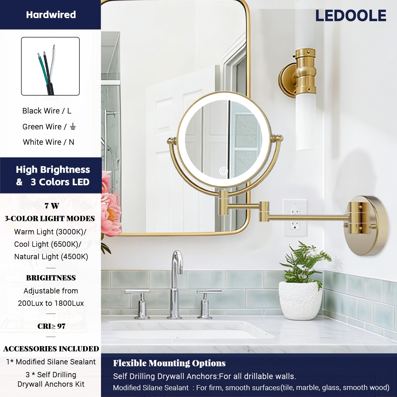 Espejo de pared recargable con luz para maquillaje, espejo de aumento de baño de 10 aumentos, brazo extendido, rotación de 360 grados, LED de 3 colores, regulable al tacto, negro mate con