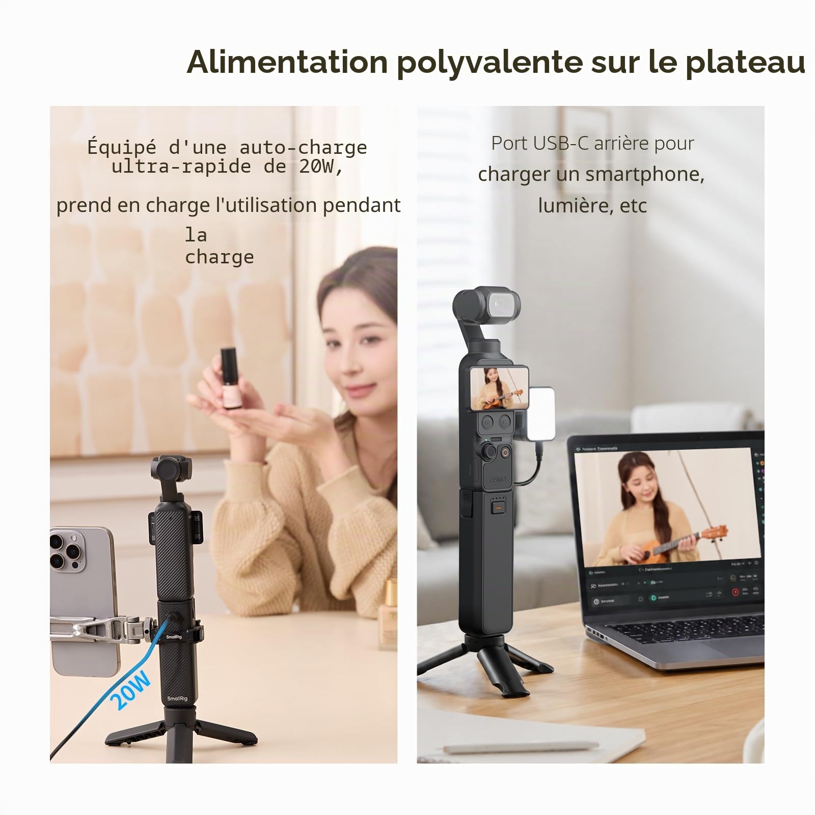 SMALLRIG Poignée d'alimentation Osmo Pocket 4/3 pour DJI, Batterie 5000 mAh avec Charge Rapide 20 W, Connexion Audio directe pour Micro sans Fil, Filetage 1/4" pour trépied/Perche à Selfie - 5705