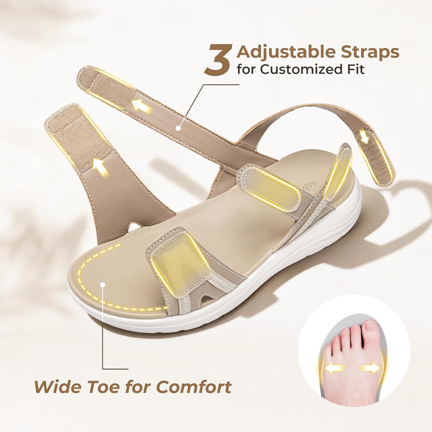 FitVille Women's Orthopedic Wide Sandals, Adjustable Strap Flat Sandals for Women, Wide Width | Arch Support | Plantar Fasciitis | Swollen Feet