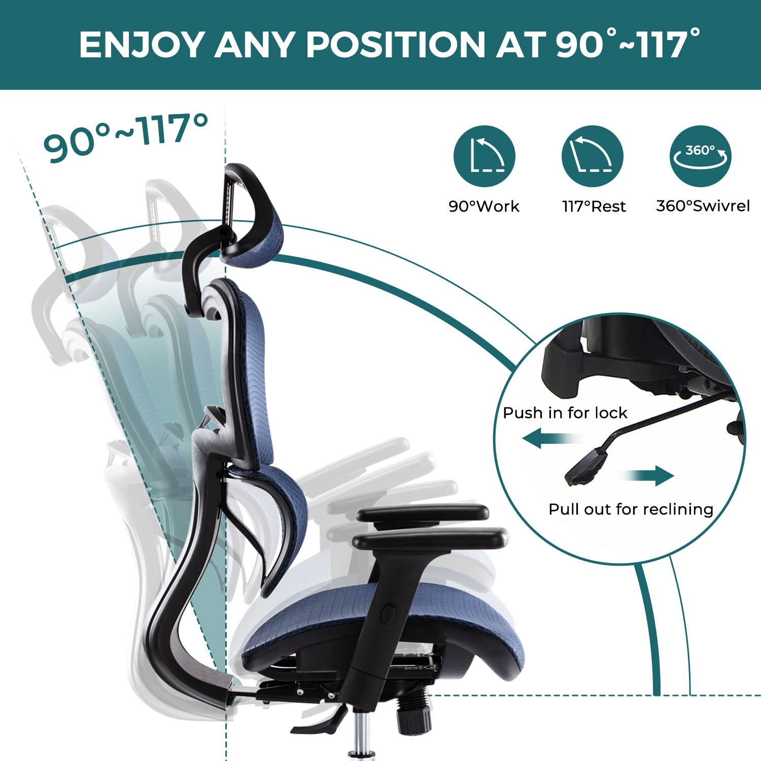 HYATTO OFFICE - Sedia Ergonomica Da Ufficio In Rete, Schienale Alto, Supporto Lombare 3D, Braccioli Ribaltabili, Reclinabile