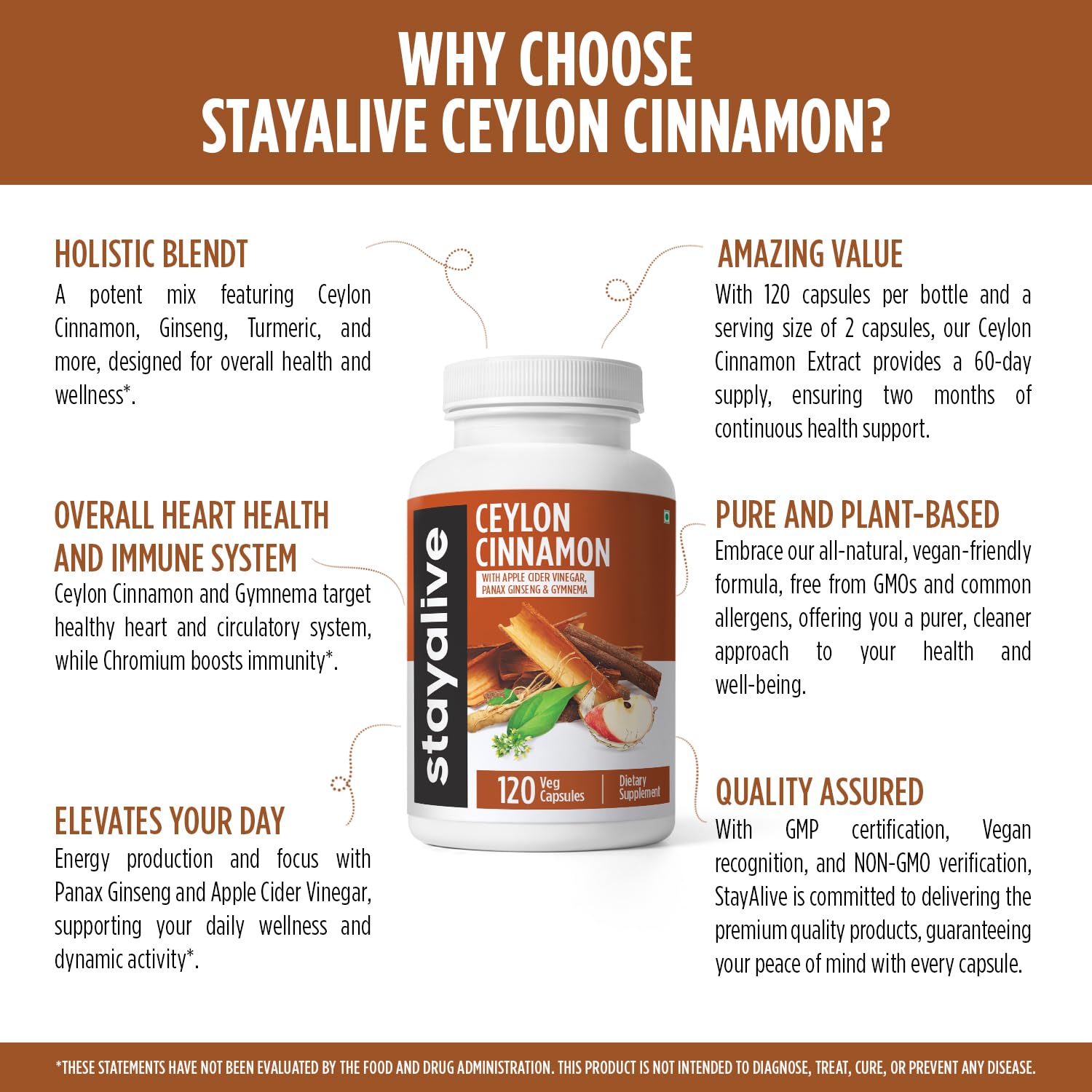 STAY ALIVE Ceylon Cinnamon Supplement, 8-in-1 Extract w/ACV, Turmeric, Ginger, Ginseng, Gymnema, Chromium & Black Pepper Powder, 120 Pills, Non-GMO & Gluten-Free Ceylon Cinnamon Capsules - Image 5 thumbnail