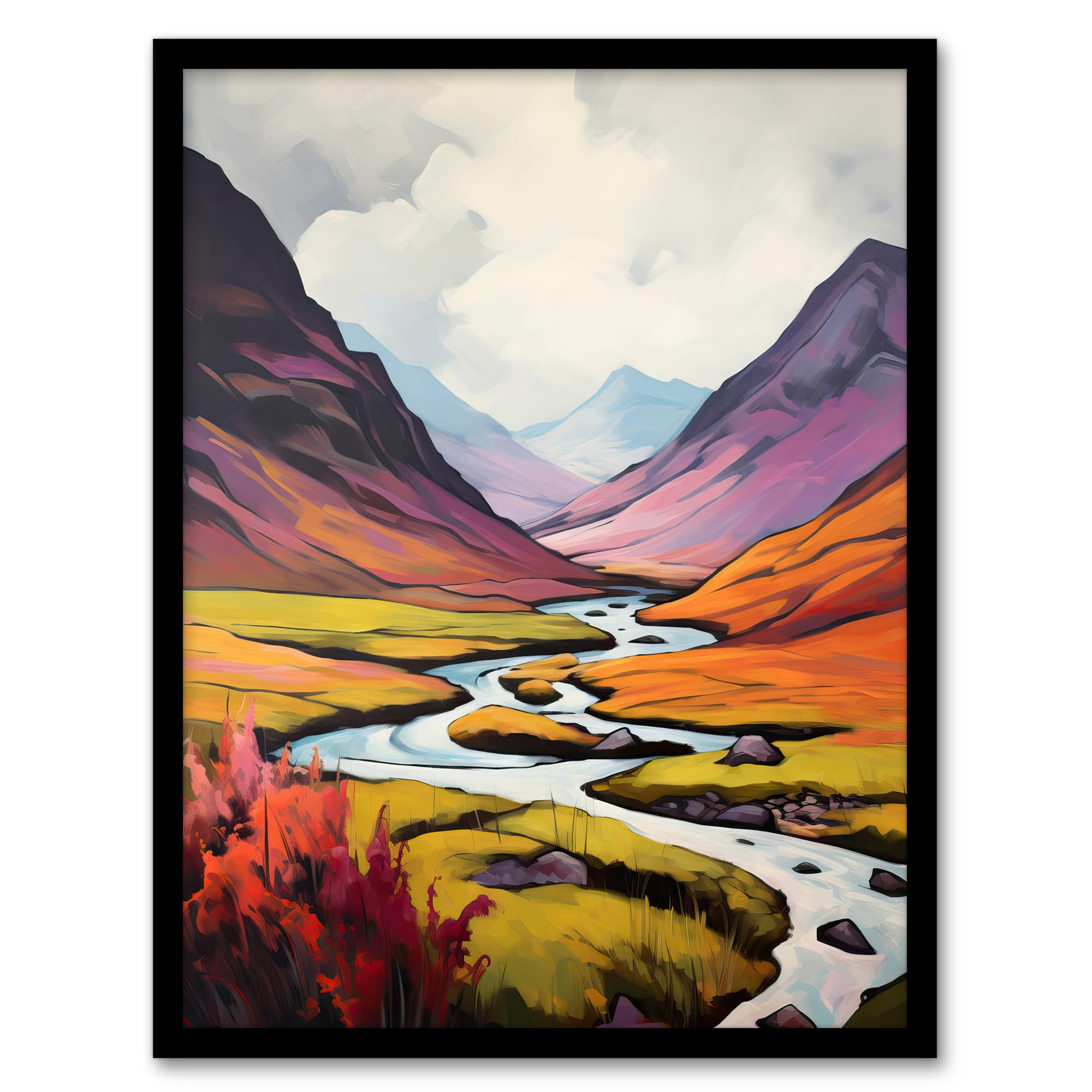 Artery8 Scotland Glencoe Valley Oil Painting Majestic Mountains And River With Heather Shrubs Artwork Framed Wall Art Print 18X24 Inch