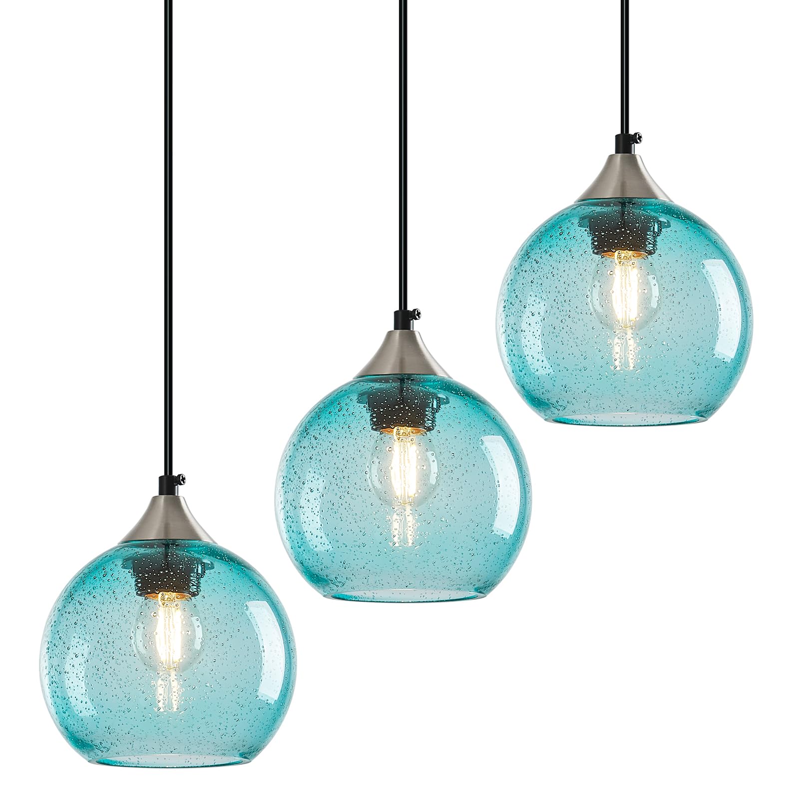 Aqua Pendant Lights Kitchen Island 3 Pack, 5.9 in Seeded Glass Globe