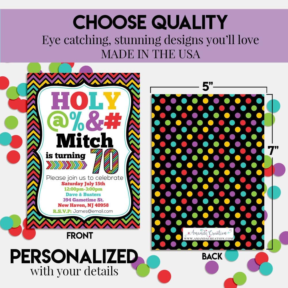 Custom Birthday Invitations 70th Birthday Invitation 30 5x7 Custom 70 Party Invitation Cards With Envelopes - Unique 70th Party Invites Hilarious Holy &*$% Theme