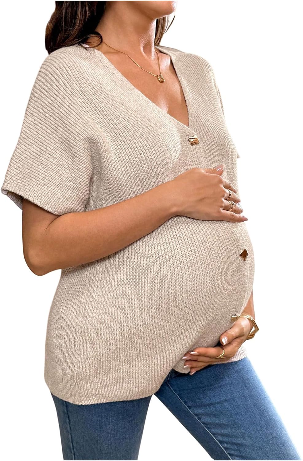 MakeMeChic Women's Maternity Summer Clothes V Neck Sweater Short Sleeve Button Pregnancy Tops