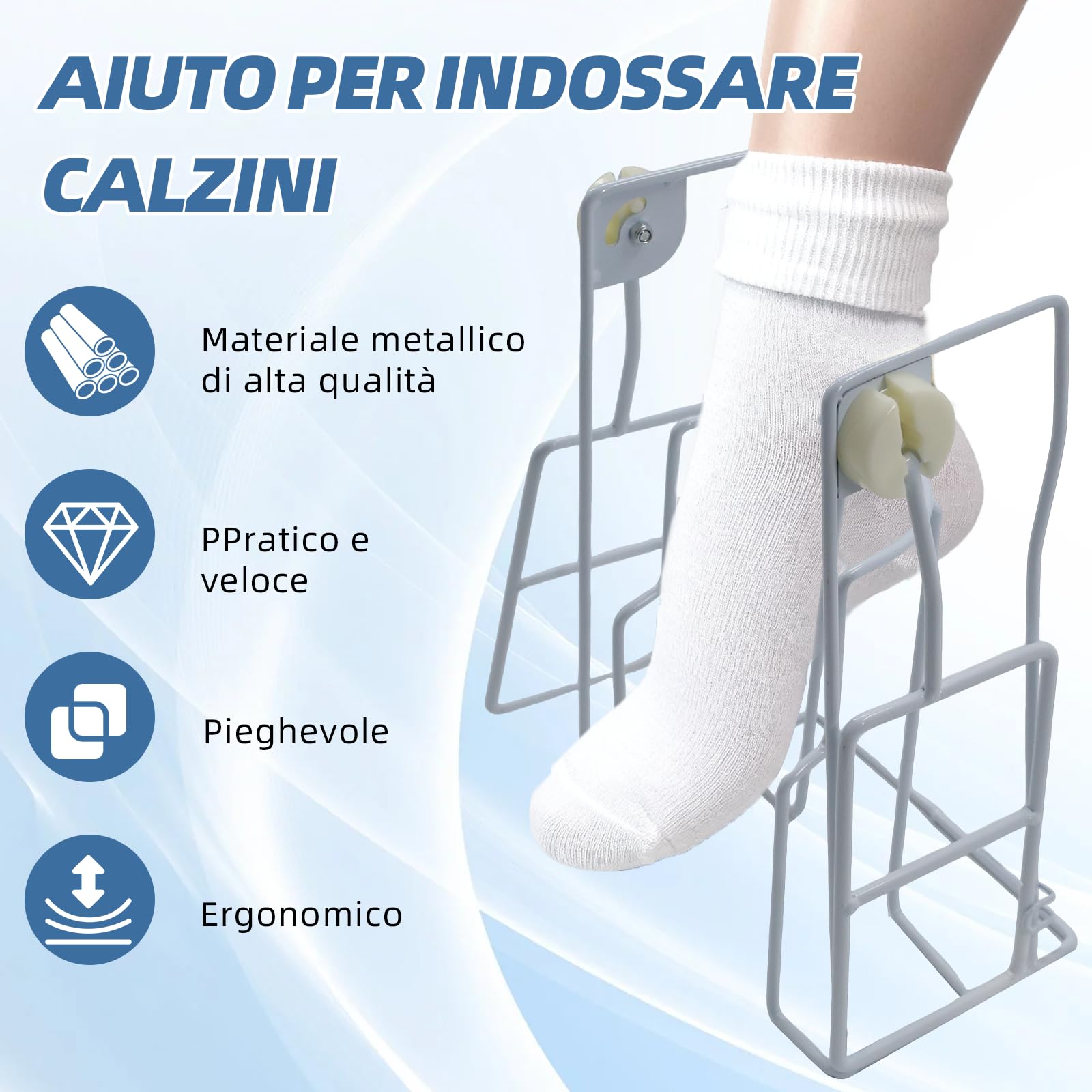 Calzettoni per calze, calzettoni con manico telescopico, per anziani, facile da indossare e togliere calze a compressione e collant, in metallo