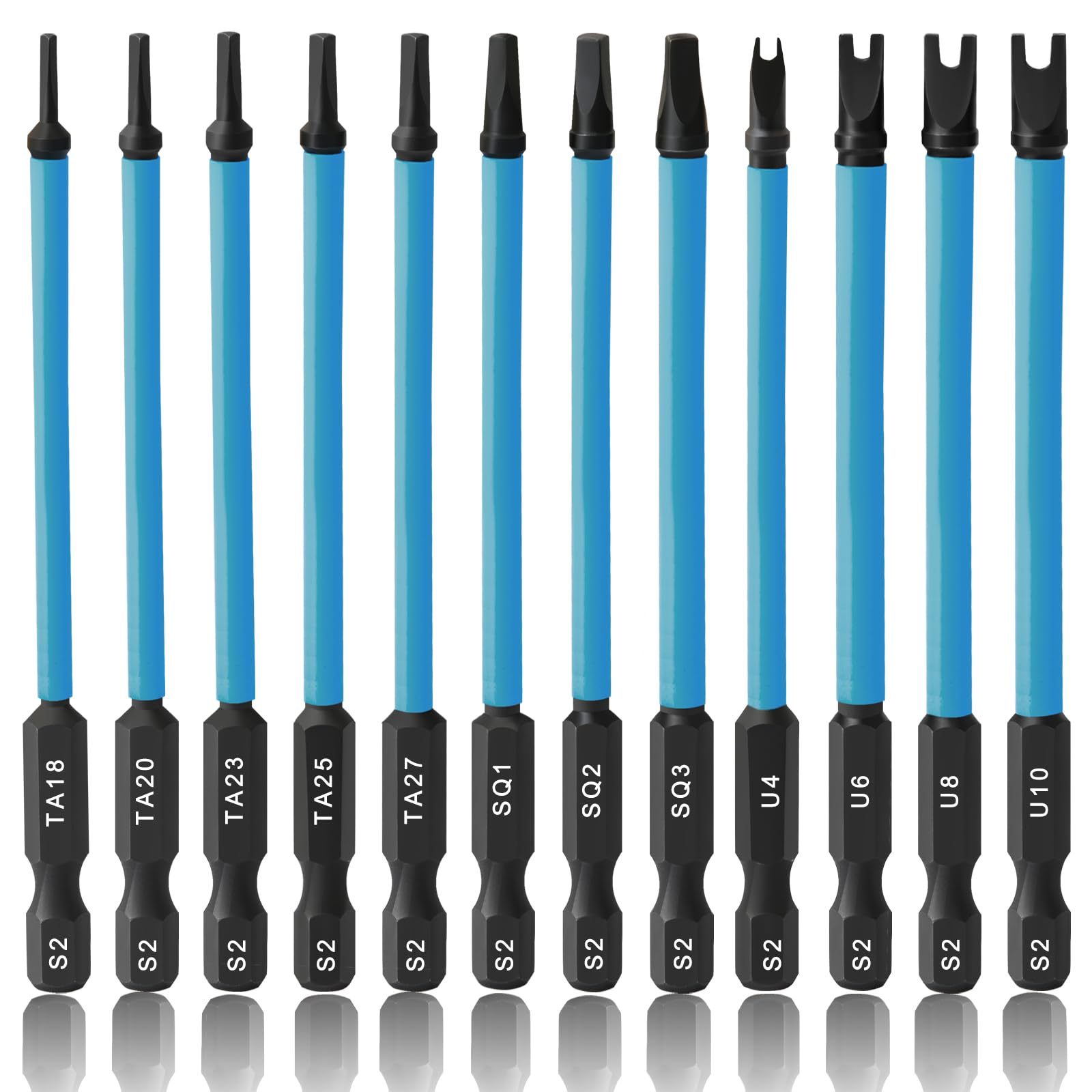 12PCS 3.5" Long Screwdriver Bit Set, Triangle Screwdriver Set TA18-27, Square Drive Bits #1,2,3, Spanner Bit #4,6,8,10, S2 Steel Hex Head Drill Bit