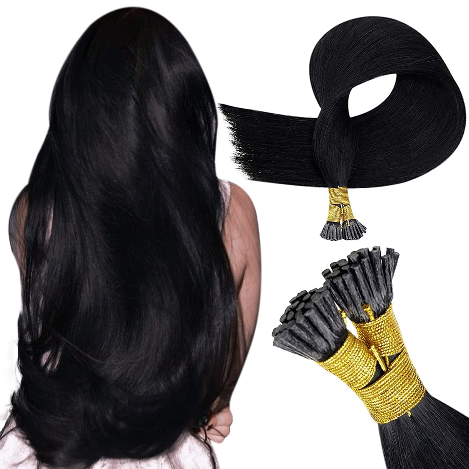 RUNATURE Black Itip Hair Extensions Pre Bonded Itip Natural Human Hair Extensions Jet Black 40 Grams 50 Strands 16 Inch Keratin Tip Real Human Hair Extensions