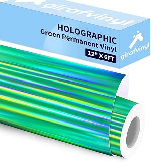 GIRAFVINYL Green Holographic Vinyl, Glossy Green Holograophic Permanent Vinyl Self-Adhesive for Crafts Decal Signs Stickers,12" x 6 ft
