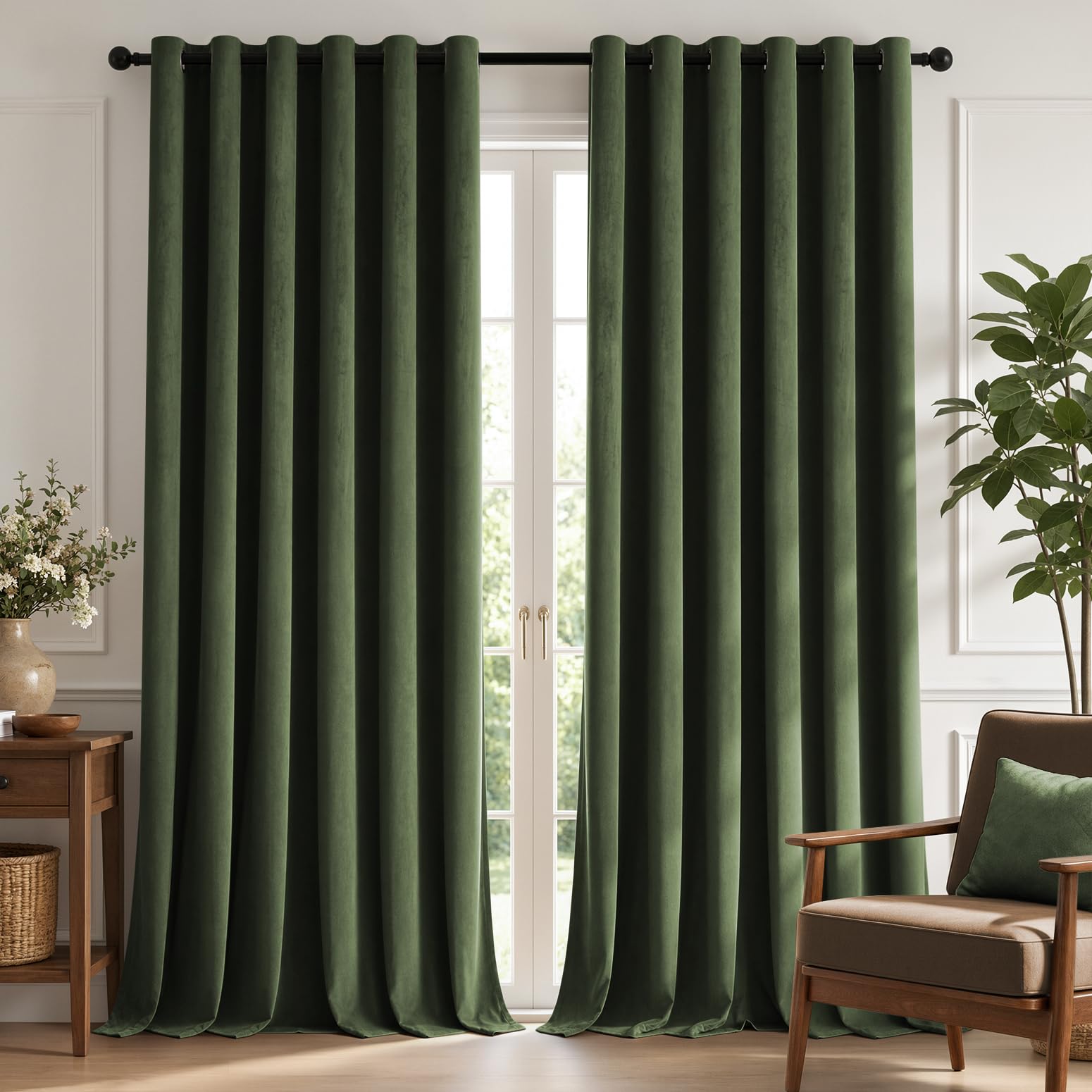 TOPICK Velvet Thermal Blackout Curtains for Bedroom, Olive Green, W90 xL90