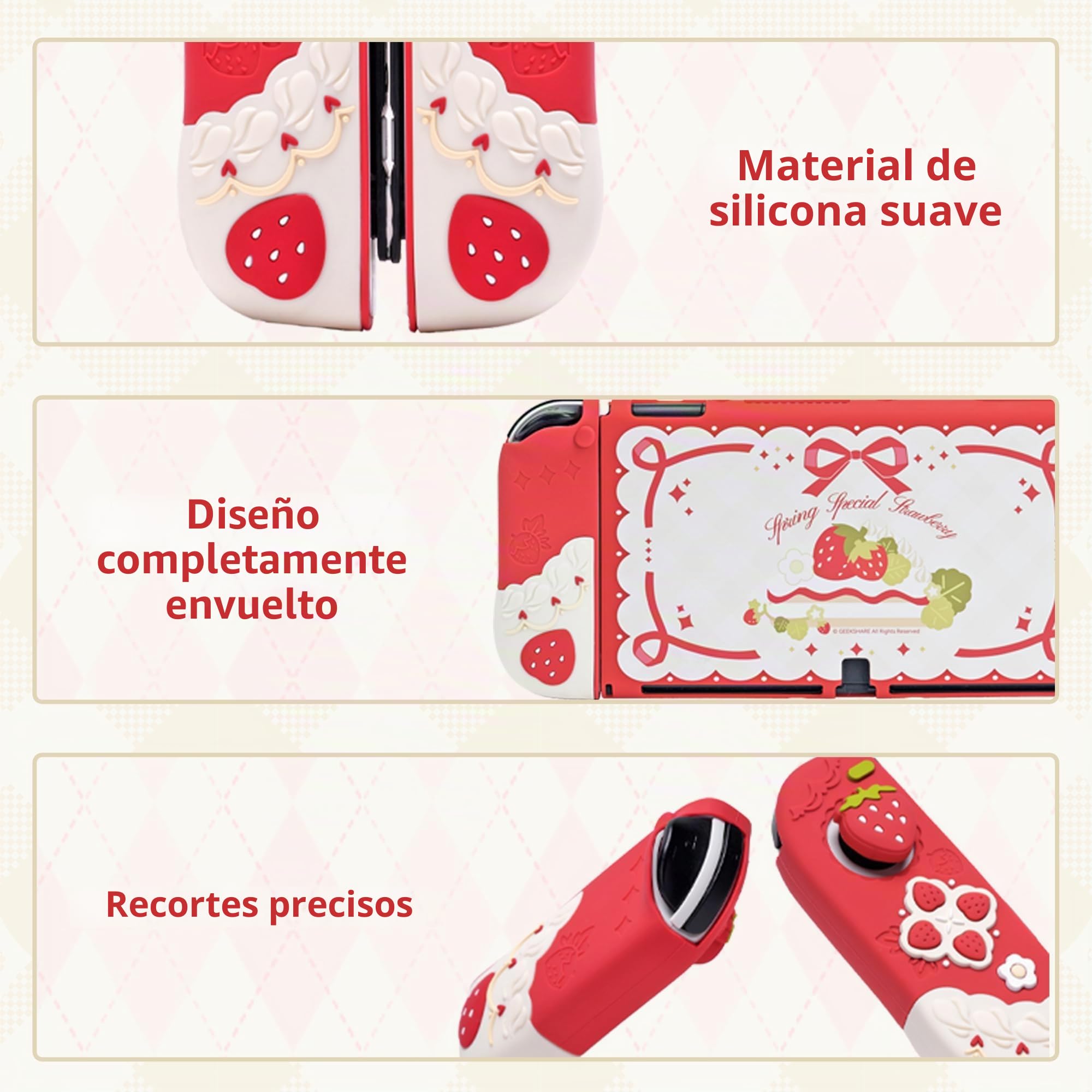 GeekShare Funda Protectora de Silicona Suave para Switch OLED - Funda Delgada Antirrayas Compatible con Switch OLED, Funda Protectora Separable con 2 Agarre para Pulgar, Fresas y Crema