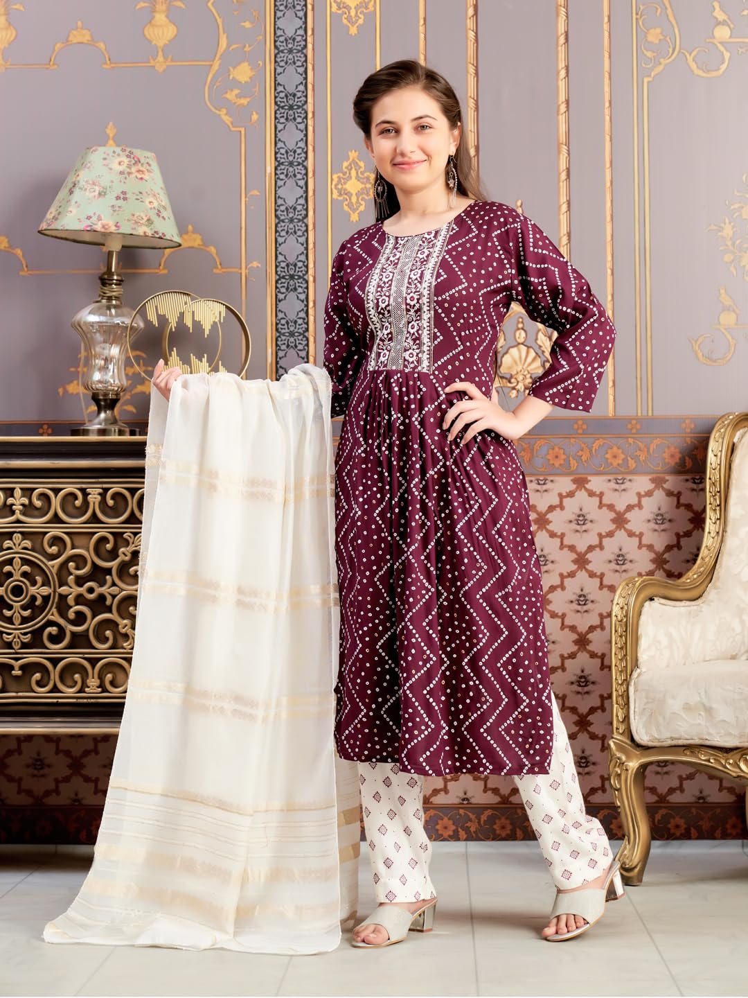 Aarika Girls Ethnic Wear Wine Colour Bandhani Print Embroidey Rayon Kurti-8-15 Years (Kurti-Tr-242)