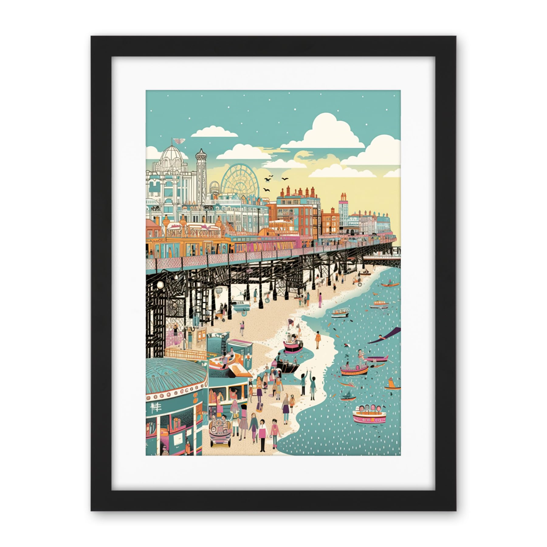 Artery8 Brighton Beach Pier and Sandy Summer Scene Artwork Framed Wall Art Print 18X24 Inch