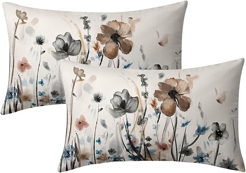 Juego de 2 fundas de almohada lumbar de 12 x 20 pulgadas con diseño floral de arte absract de color marrón, azul crema y gris, fundas decorativas