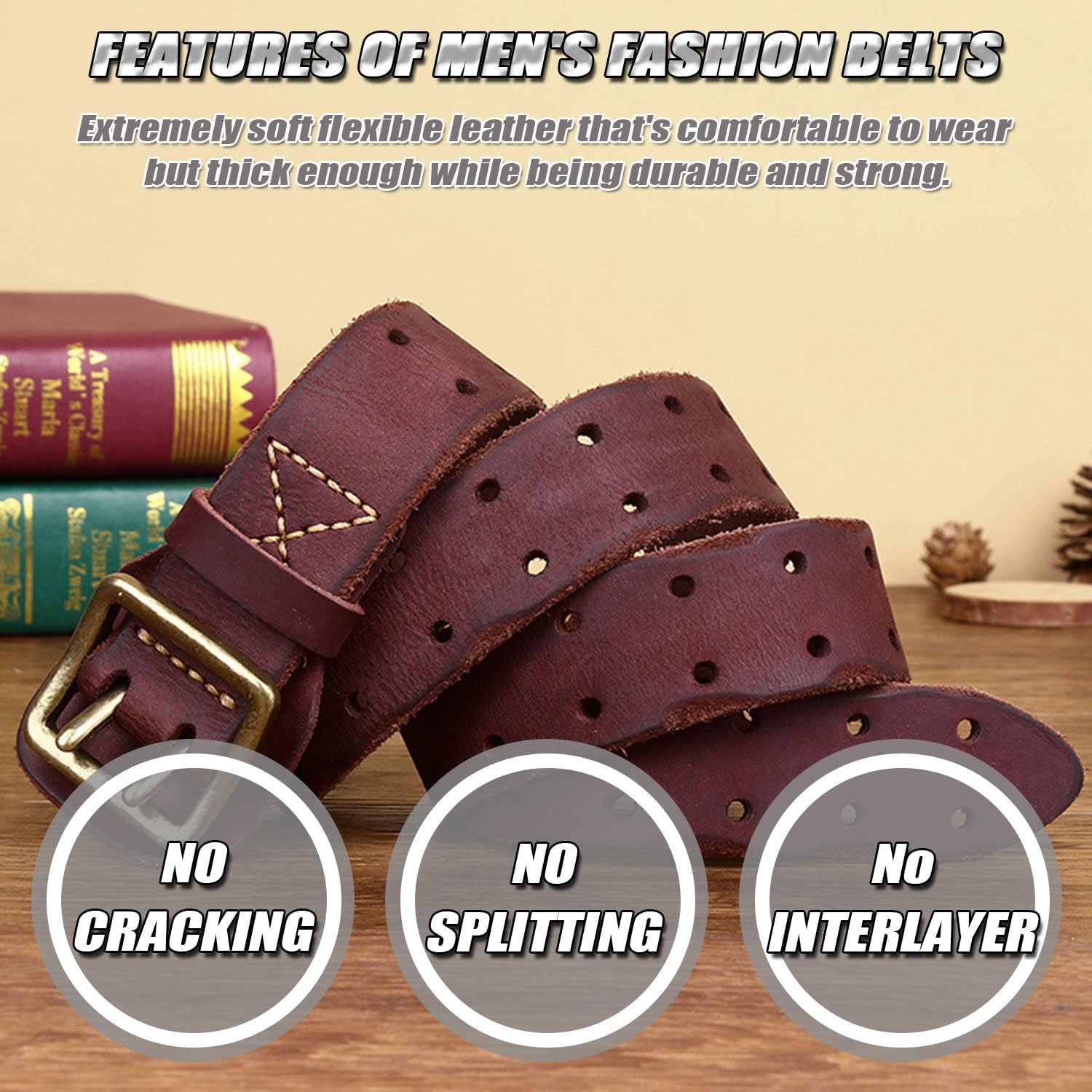 Men's Durable Genuine Leather Waist Belt with Heavy Duty Buckle, Casual Double-Breasted Belt Packed in Gift Box