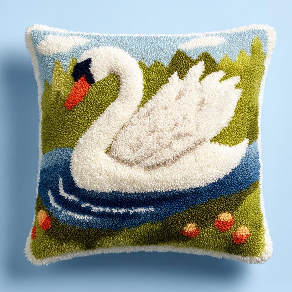 Taxpy Latch Hook Pillow Kits, White Swan Pre-Printed Latch Hook Rug Kits Cross-Stitch Embroidery Cushion Sofa Cushion Making Kits 43x43cm