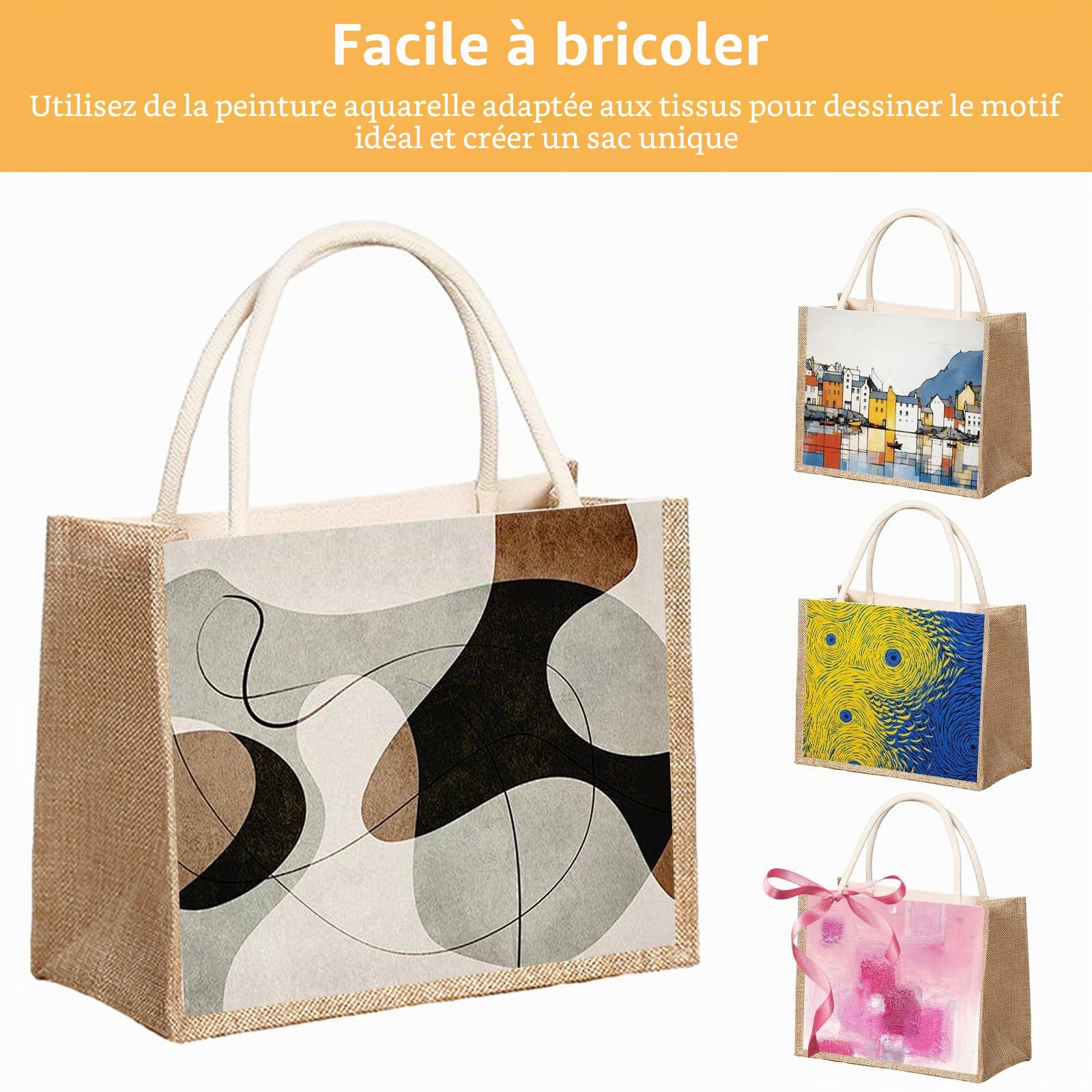6 Pièces Sac en Toile de Jute 35 x 27 x 15 cm, Sac Cabas Blanc et Naturel, Tote Bag avec Poignées pour Courses, Plage, Pique-nique, Voyage et Cadeaux