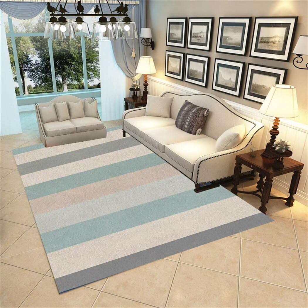 Tapis couloir grand format lavable en machine design géométrique bleu