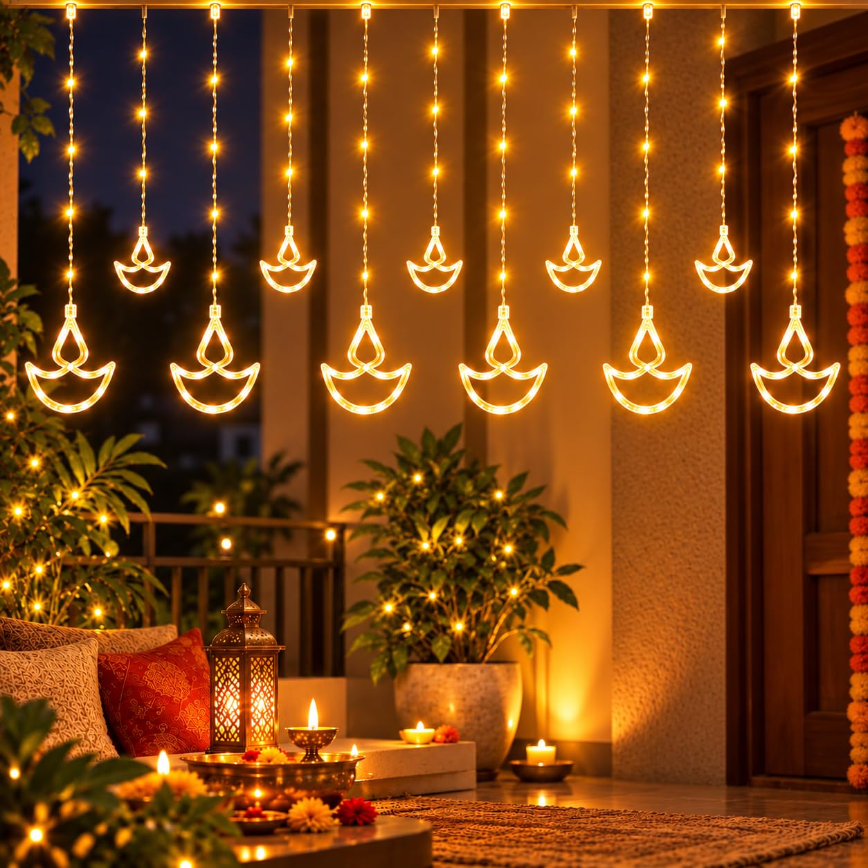 One94Store 12 Diya Curtain String LED Lights – 3 WW Diya Curtain - Image 1