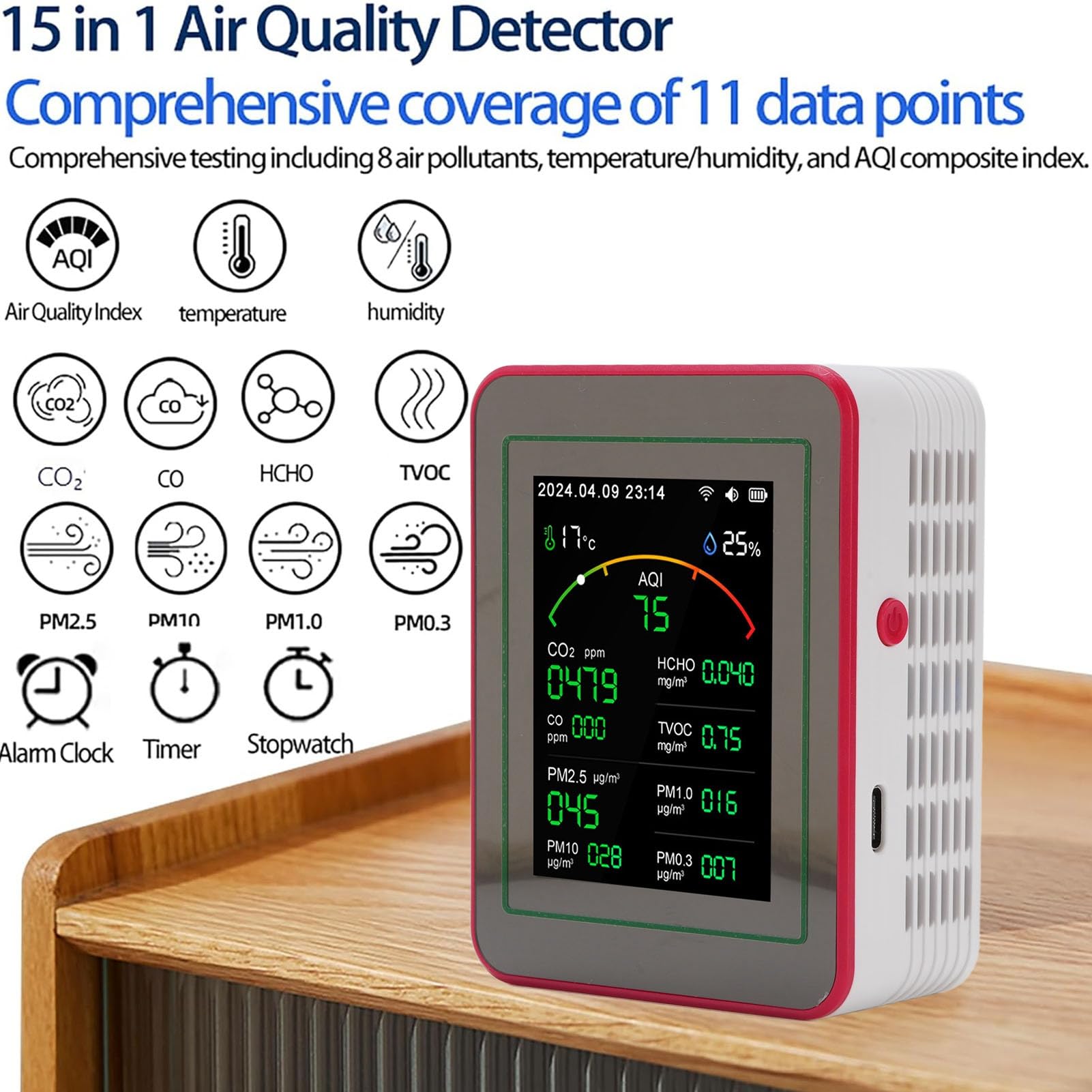 CO2 Monitor Luftqualitätsmonitor, 15-in-1 WLAN Innenraum CO2 messgerät Luftqualität Monitor für CO2, TVOC, HCHO, PM0.3-PM10,Tragbarer Luftdetektor, Temperatur & Luftfeuchtigkeit mit Echtzeitanzeige