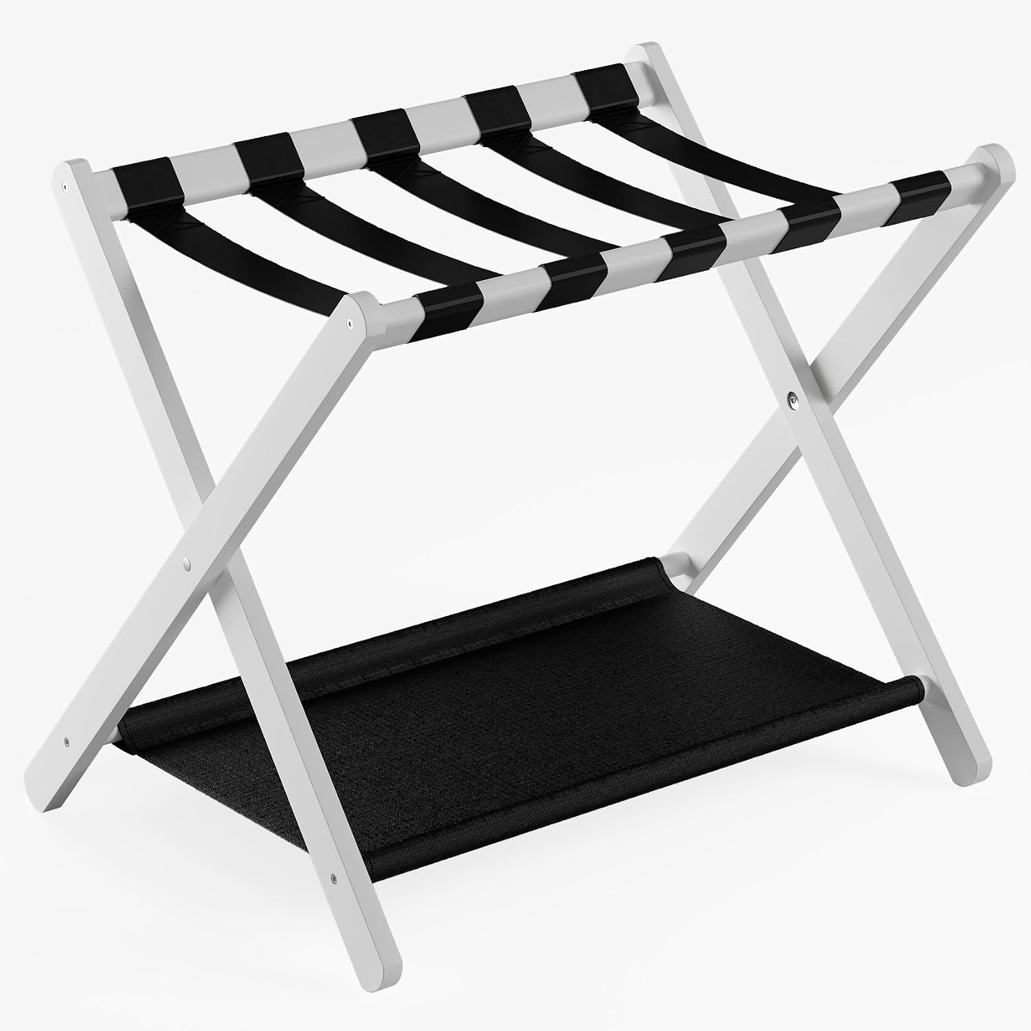 2 Pack Bamboo Luggage Racks, Folding Suitcase Stands with Nylon Straps and Oxford Fabric Shelf, for Guest Room, Hotel, Bedroom, White