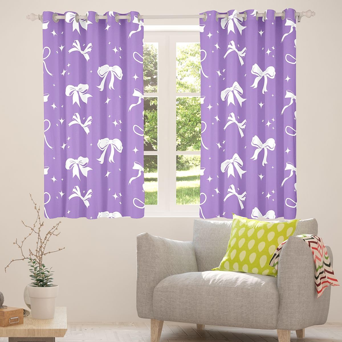 Homewish Fioletowa kokardka zasłony okienne 117 x 183 cm, 2 zestawy paneli - urocza wstążka kokardka zasłony zaciemniające księżniczka muszka dekoracje okienne zasłony kokardka artykuły imprezowe do